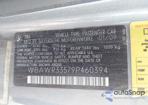 2009 BMW 328I z USA, uszkodzony, nr VIN WBAWR33579P460394